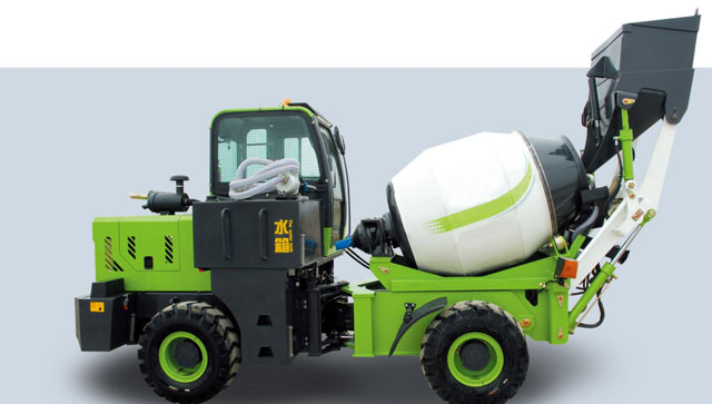 Self loading concrete mixer truck for remote construction site